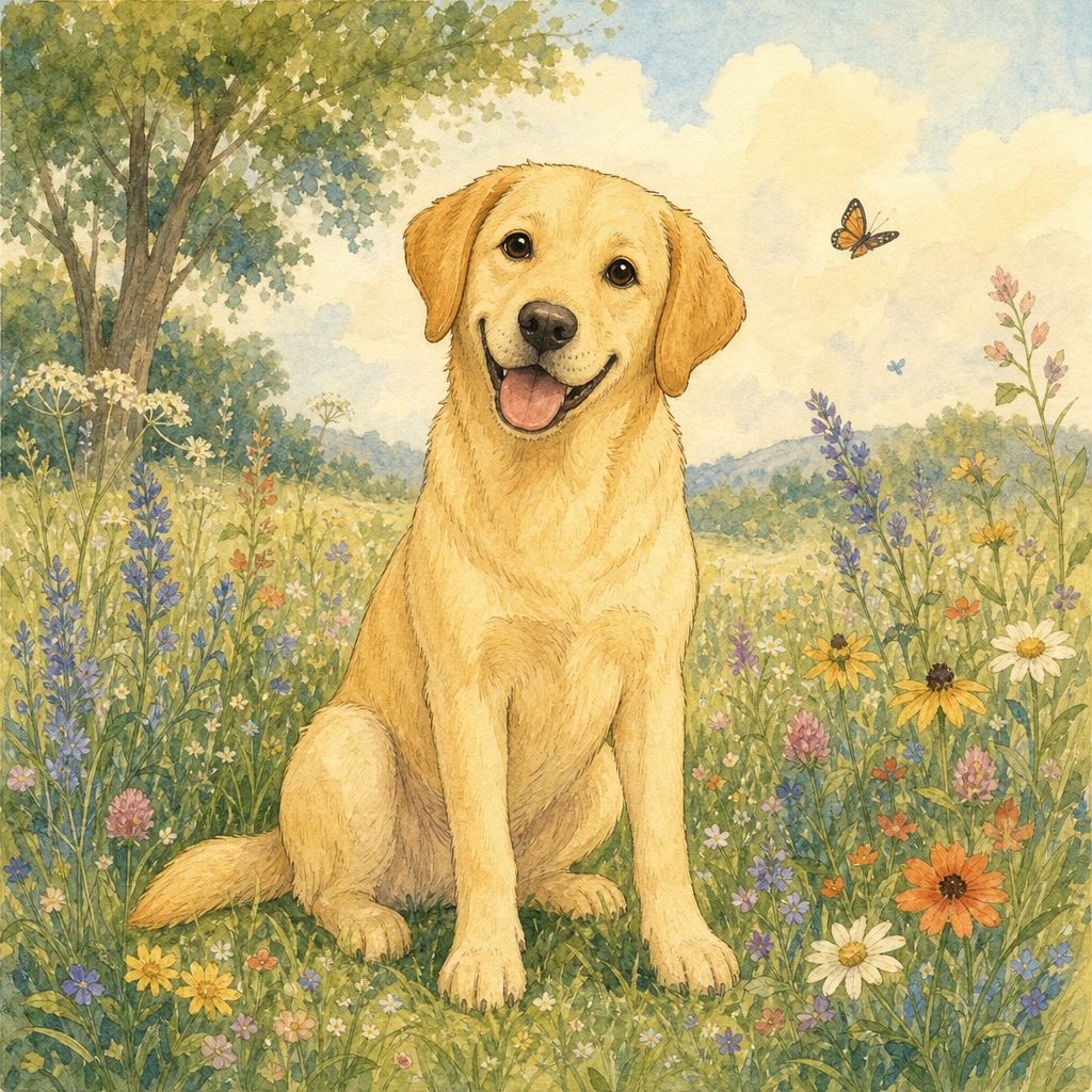 Storybook Style example: a watercolour pet illustration in a meadow